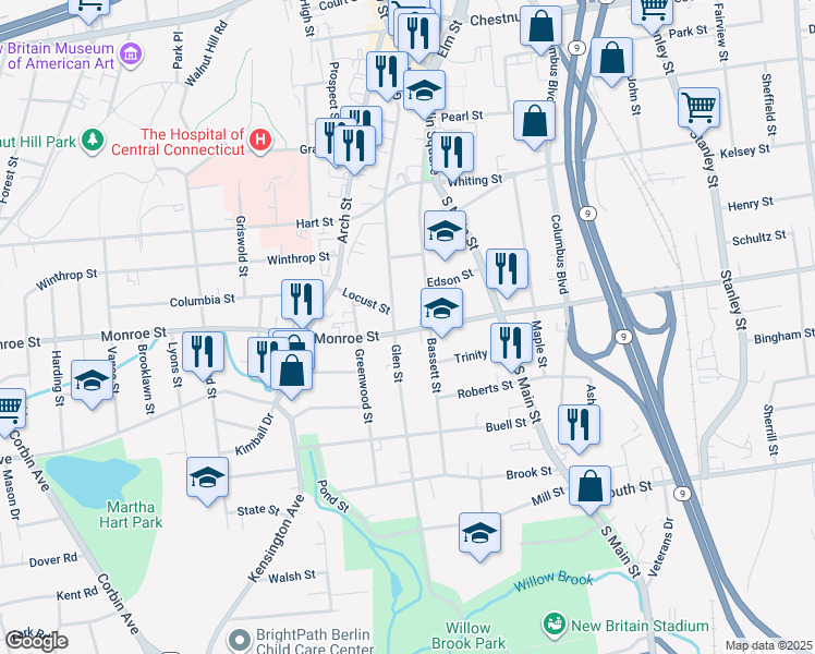 map of restaurants, bars, coffee shops, grocery stores, and more near 4 Monroe Street in New Britain