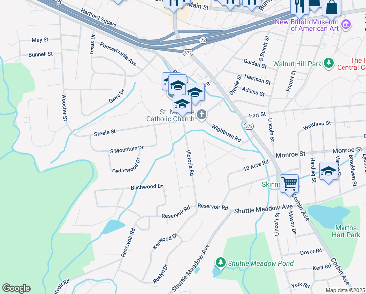 map of restaurants, bars, coffee shops, grocery stores, and more near 78 Victoria Road in New Britain