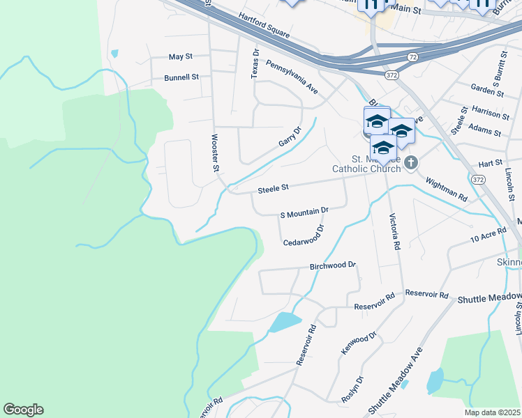 map of restaurants, bars, coffee shops, grocery stores, and more near 174 South Mountain Drive in New Britain