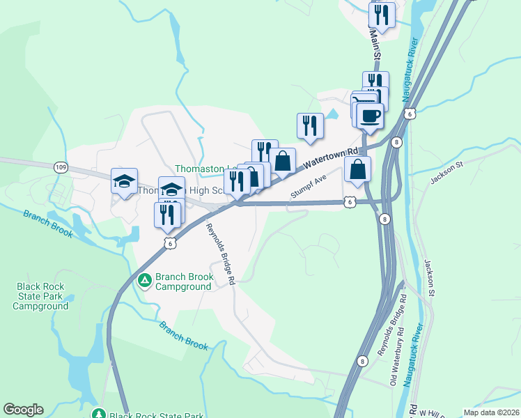 map of restaurants, bars, coffee shops, grocery stores, and more near 175 Pine Hill Road in Thomaston