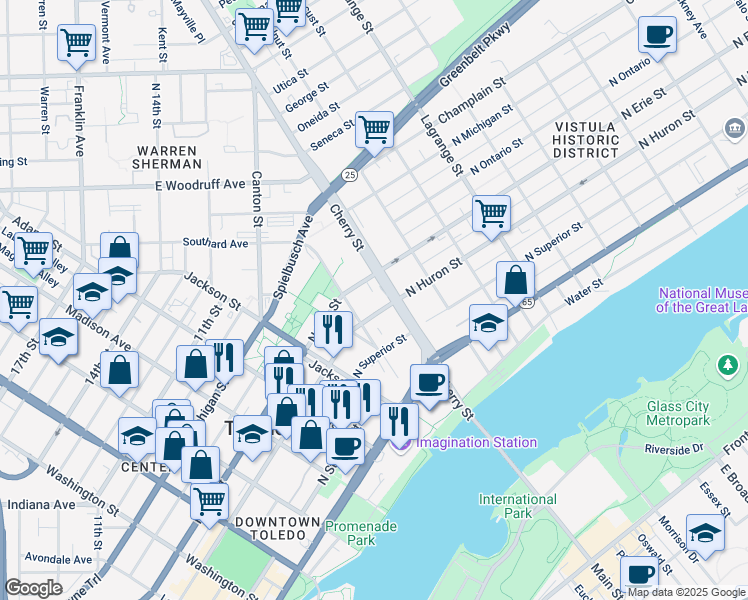map of restaurants, bars, coffee shops, grocery stores, and more near 600-698 Orange Street in Toledo