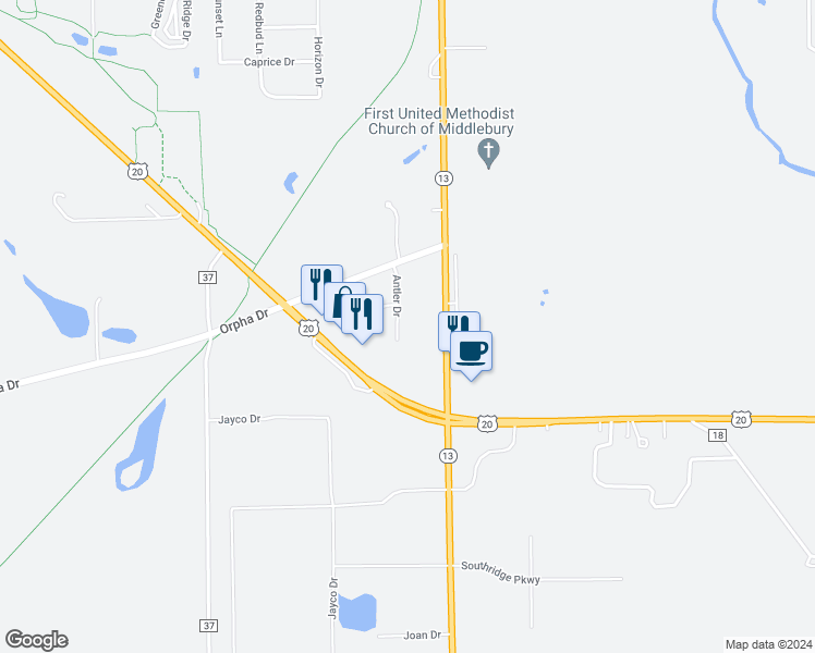 map of restaurants, bars, coffee shops, grocery stores, and more near 818 Antler Drive in Middlebury