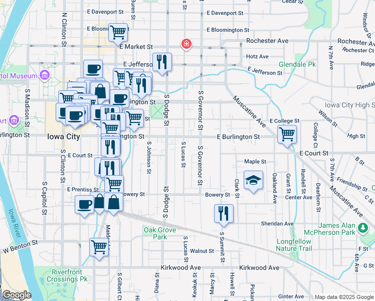 map of restaurants, bars, coffee shops, grocery stores, and more near 402 South Lucas Street in Iowa City