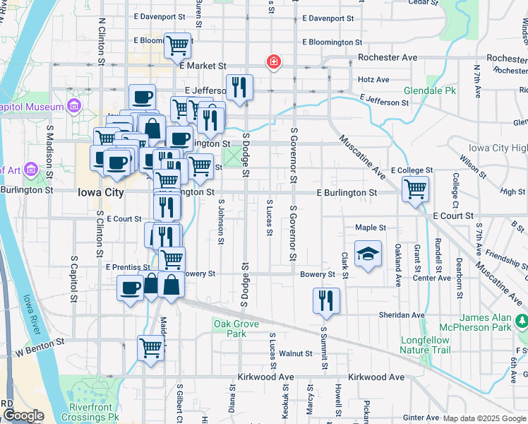 map of restaurants, bars, coffee shops, grocery stores, and more near 402 South Lucas Street in Iowa City