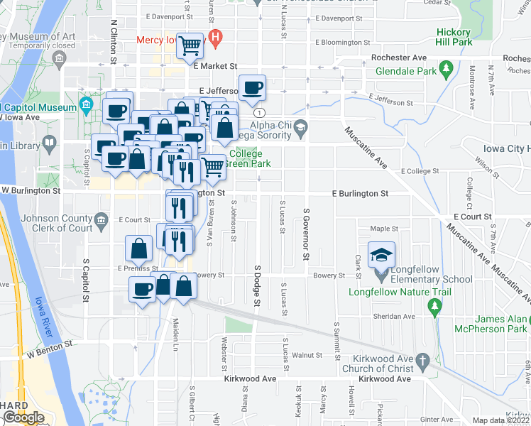 map of restaurants, bars, coffee shops, grocery stores, and more near 342 South Dodge Street in Iowa City