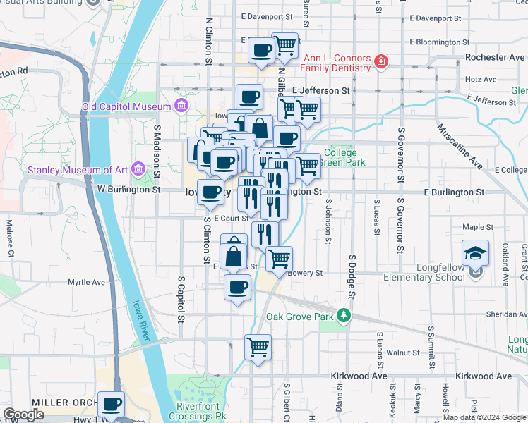 map of restaurants, bars, coffee shops, grocery stores, and more near 402 South Linn Street in Iowa City