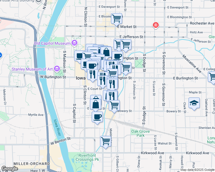 map of restaurants, bars, coffee shops, grocery stores, and more near 402 South Linn Street in Iowa City