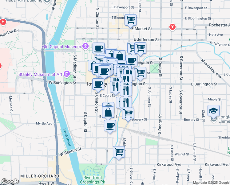 map of restaurants, bars, coffee shops, grocery stores, and more near 402 South Linn Street in Iowa City