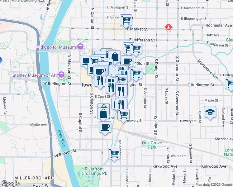 map of restaurants, bars, coffee shops, grocery stores, and more near 402 South Linn Street in Iowa City