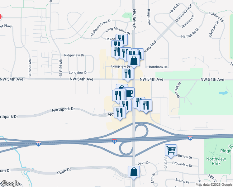 map of restaurants, bars, coffee shops, grocery stores, and more near 8772 Northwest 53rd Place in Johnston