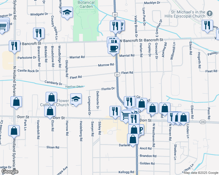 map of restaurants, bars, coffee shops, grocery stores, and more near 5315 Florita Drive in Toledo