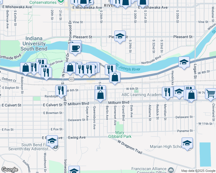 map of restaurants, bars, coffee shops, grocery stores, and more near 500-556 Berlin Avenue in Mishawaka