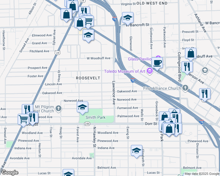 map of restaurants, bars, coffee shops, grocery stores, and more near 914 Oakwood Avenue in Toledo