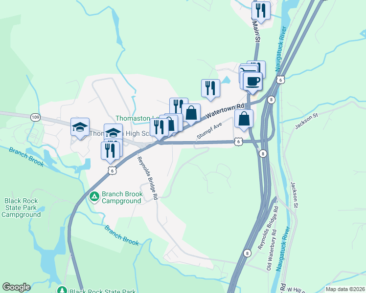 map of restaurants, bars, coffee shops, grocery stores, and more near 175 Pine Hill Rd in Thomaston