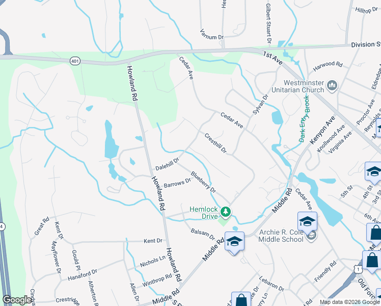 map of restaurants, bars, coffee shops, grocery stores, and more near 108 Oakwood Drive in East Greenwich