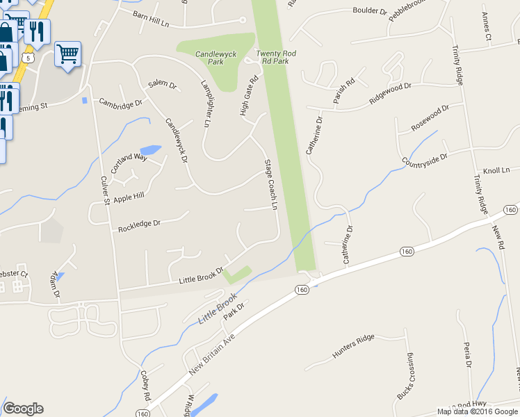 map of restaurants, bars, coffee shops, grocery stores, and more near 49 Trotter Lane in Newington