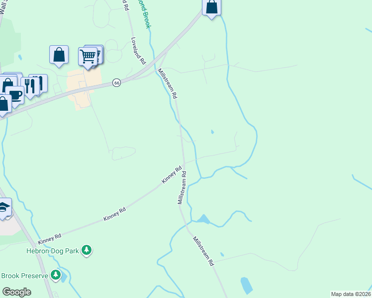 map of restaurants, bars, coffee shops, grocery stores, and more near 97 Millstream Road in Hebron