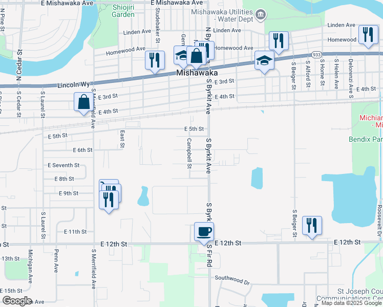 map of restaurants, bars, coffee shops, grocery stores, and more near 1300-1398 E 7th St in Mishawaka