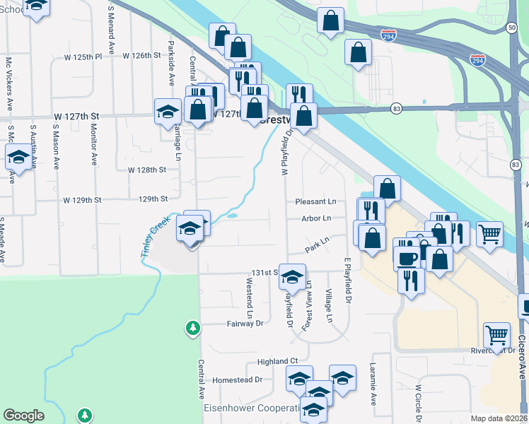 map of restaurants, bars, coffee shops, grocery stores, and more near 5415 West 129th Place in Crestwood