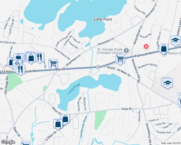 map of restaurants, bars, coffee shops, grocery stores, and more near 56 Harrison Road in Barnstable