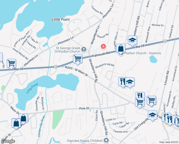 map of restaurants, bars, coffee shops, grocery stores, and more near 932 West Main Street in Barnstable