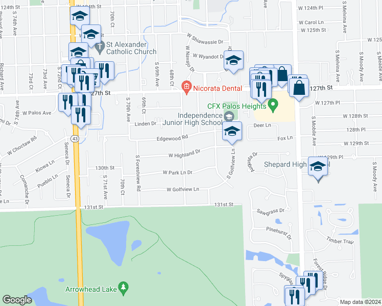 map of restaurants, bars, coffee shops, grocery stores, and more near West Highland Drive in Palos Heights