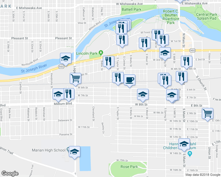 map of restaurants, bars, coffee shops, grocery stores, and more near 508 Smith Street in Mishawaka