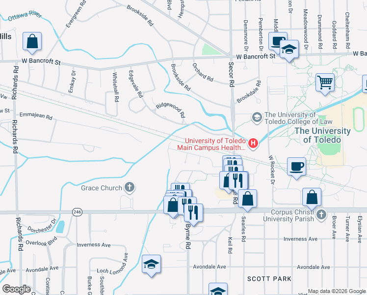 map of restaurants, bars, coffee shops, grocery stores, and more near 3517 Valleston Parkway in Toledo