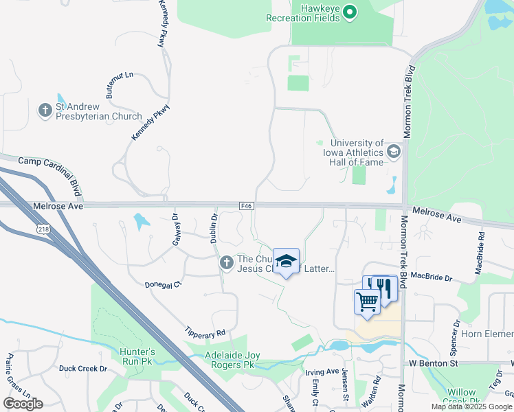 map of restaurants, bars, coffee shops, grocery stores, and more near County Road F46 in Iowa City