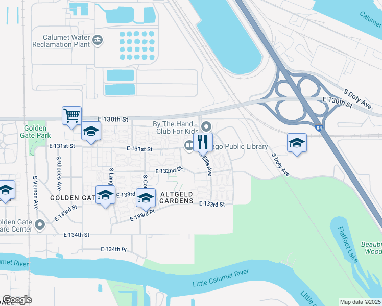 map of restaurants, bars, coffee shops, grocery stores, and more near 955 East 131st Street in Chicago
