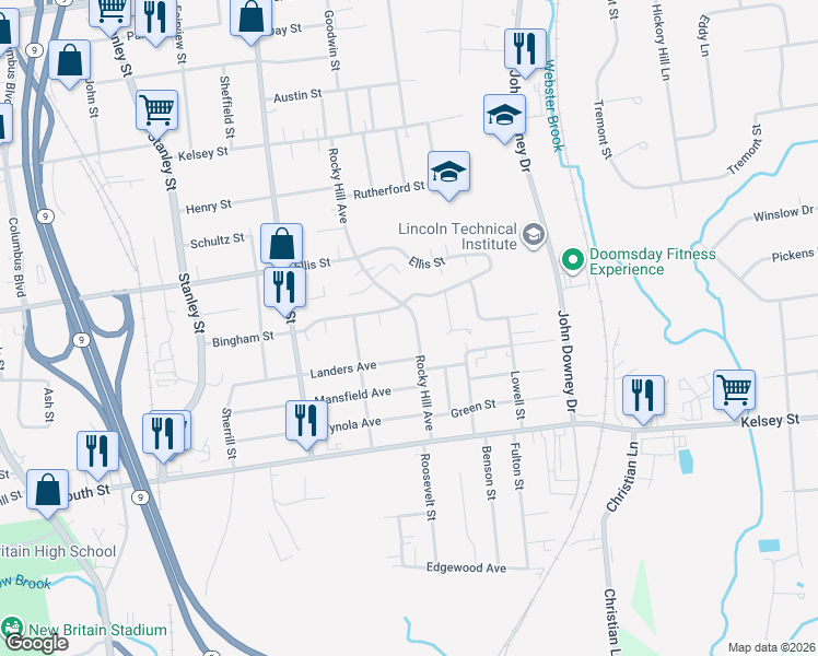 map of restaurants, bars, coffee shops, grocery stores, and more near 258 Rocky Hill Avenue in New Britain