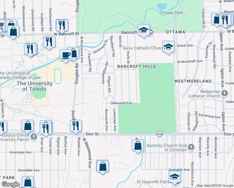 map of restaurants, bars, coffee shops, grocery stores, and more near 1715 Alvin Street in Toledo