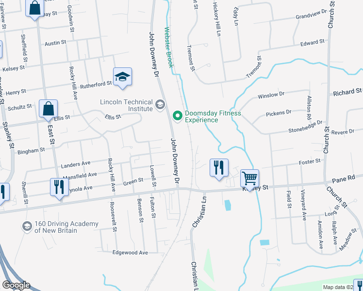 map of restaurants, bars, coffee shops, grocery stores, and more near 99 John Downey Drive in New Britain