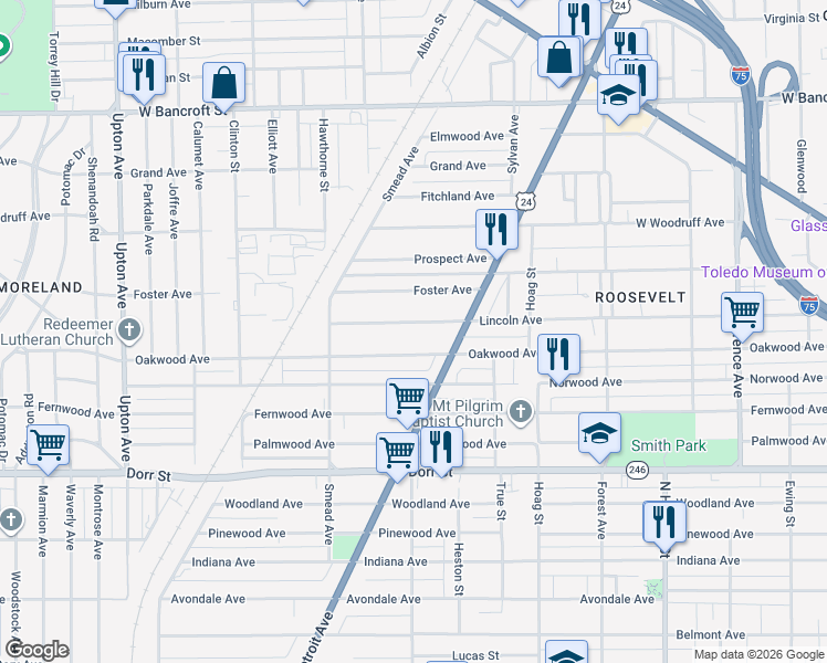 map of restaurants, bars, coffee shops, grocery stores, and more near 1436 Oakwood Avenue in Toledo