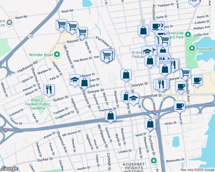 map of restaurants, bars, coffee shops, grocery stores, and more near 448 Sawyer Street in New Bedford