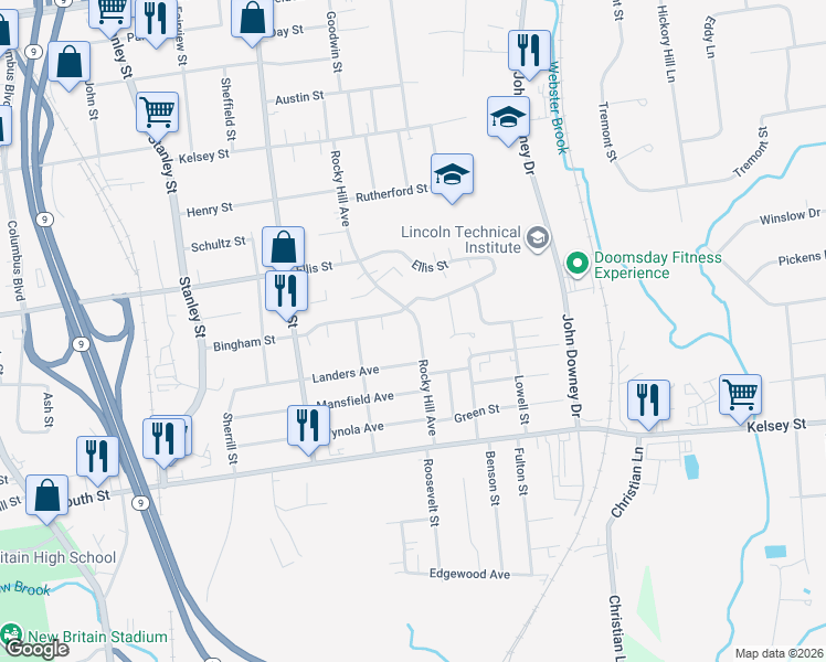 map of restaurants, bars, coffee shops, grocery stores, and more near 258 Rocky Hill Avenue in New Britain
