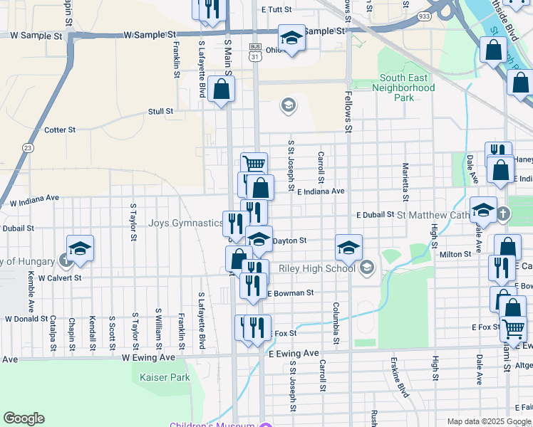map of restaurants, bars, coffee shops, grocery stores, and more near 1725 S Michigan St in South Bend