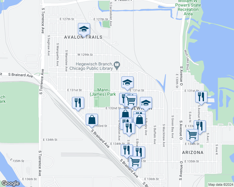 map of restaurants, bars, coffee shops, grocery stores, and more near 13133 South Carondolet Avenue in Chicago