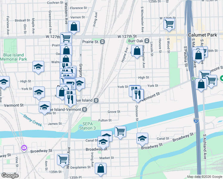 map of restaurants, bars, coffee shops, grocery stores, and more near 13024 Hoyne Avenue in Blue Island
