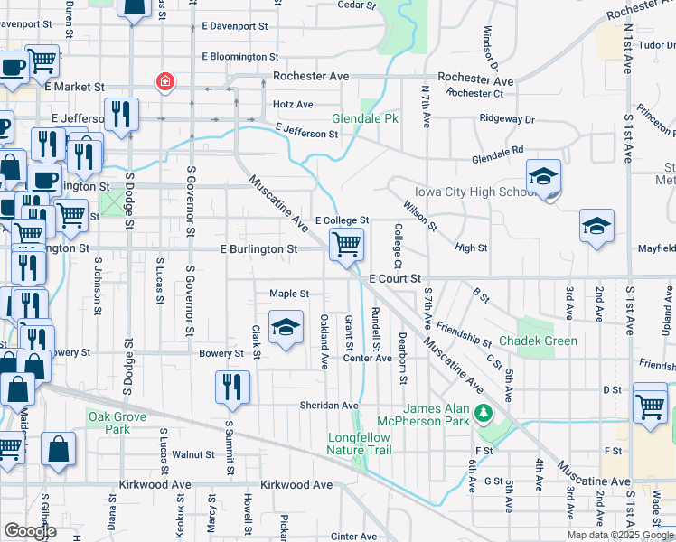 map of restaurants, bars, coffee shops, grocery stores, and more near 404 Oakland Avenue in Iowa City