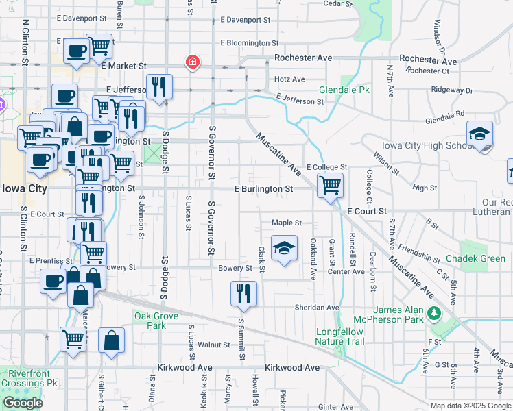 map of restaurants, bars, coffee shops, grocery stores, and more near 1111 East Court Street in Iowa City
