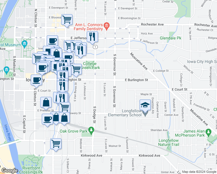 map of restaurants, bars, coffee shops, grocery stores, and more near 402 South Lucas Street in Iowa City