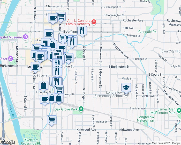 map of restaurants, bars, coffee shops, grocery stores, and more near 402 South Lucas Street in Iowa City