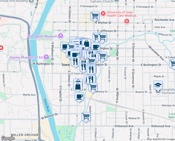 map of restaurants, bars, coffee shops, grocery stores, and more near 402 South Linn Street in Iowa City