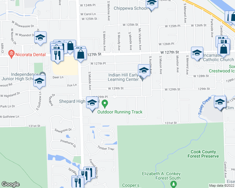 map of restaurants, bars, coffee shops, grocery stores, and more near 6136 West 129th Place in Palos Heights