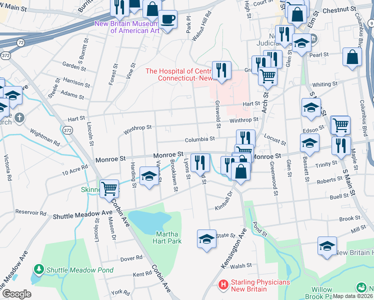map of restaurants, bars, coffee shops, grocery stores, and more near 7 Lyons Street in New Britain