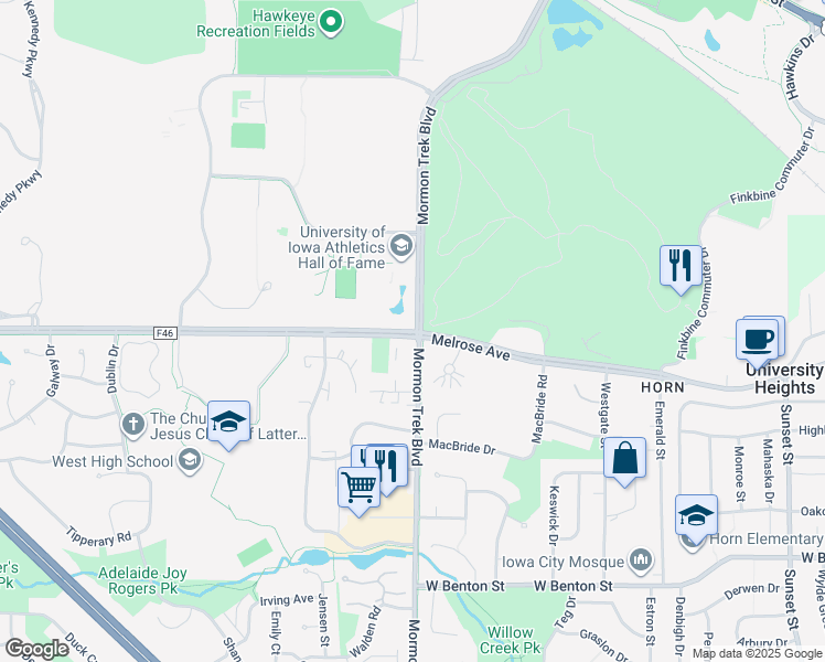 map of restaurants, bars, coffee shops, grocery stores, and more near 2698 Melrose Avenue in Iowa City