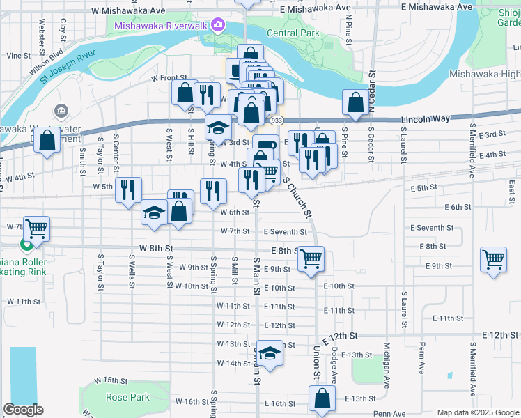 map of restaurants, bars, coffee shops, grocery stores, and more near 104 East 6th Street in Mishawaka