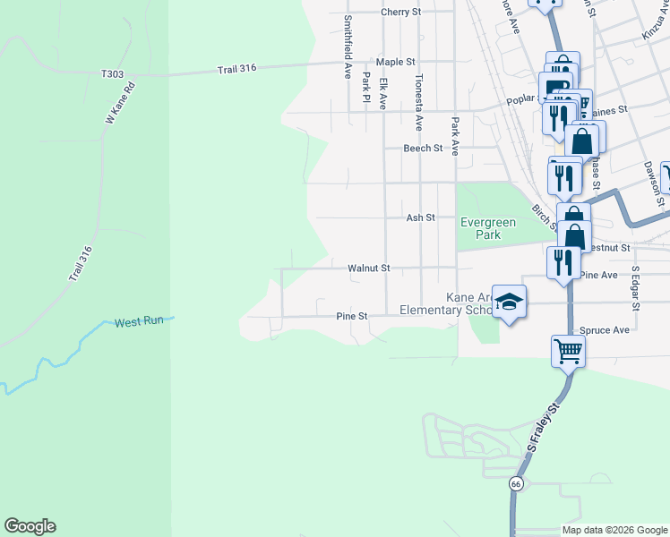 map of restaurants, bars, coffee shops, grocery stores, and more near 413 Walnut Street in Kane