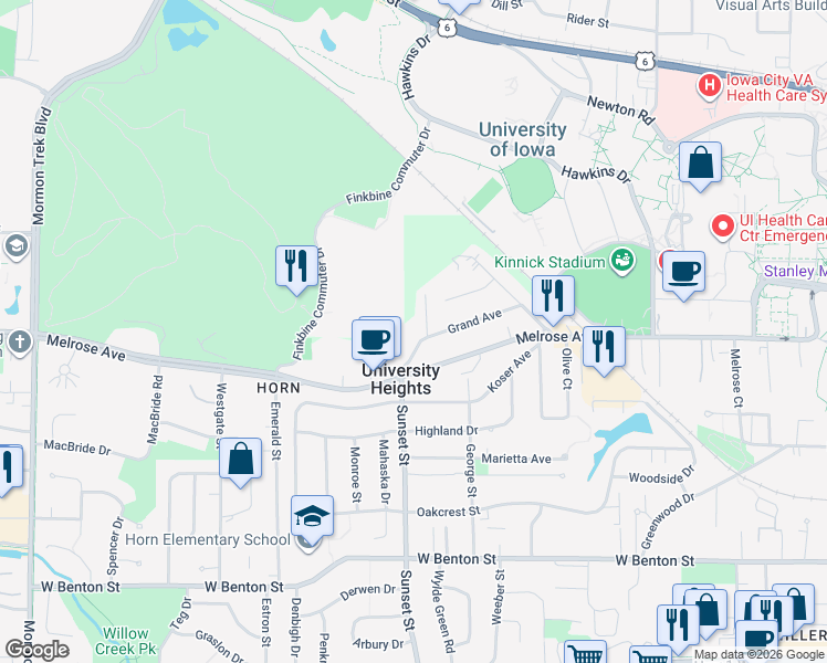 map of restaurants, bars, coffee shops, grocery stores, and more near 1491 Grand Avenue in Iowa City